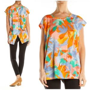 New Joie 100% Linen Tropical Print Casual Top Asymmetrical Back Size Medium